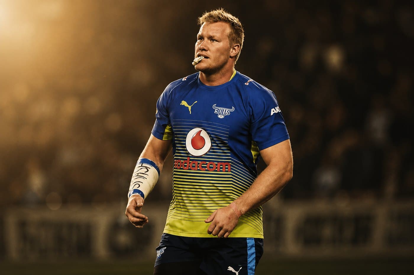 Renaldo Bothma, botthms.Ready founder and former professional rugby player, in a Bulls jersey on the field
